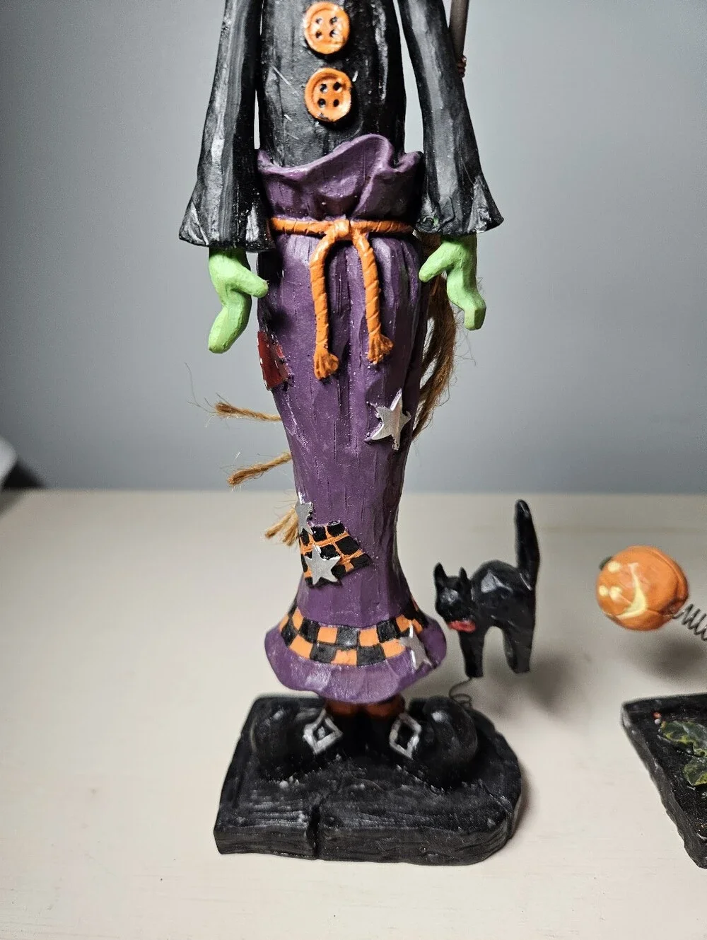 Vintage Style Primitive Halloween Figurine Set - Witch & Stacked Pumpkins (Pair)